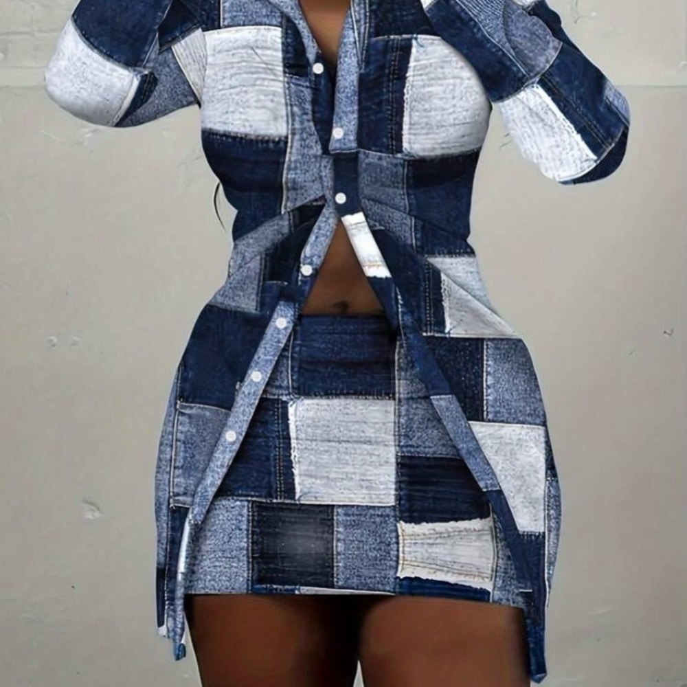 Patchwork Denim Skirt Set - Blue & White